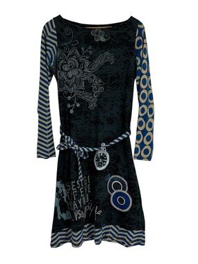 Desigual Dress Size M Long Sleeve Animal/geo Pattern Midi Stretch Belted